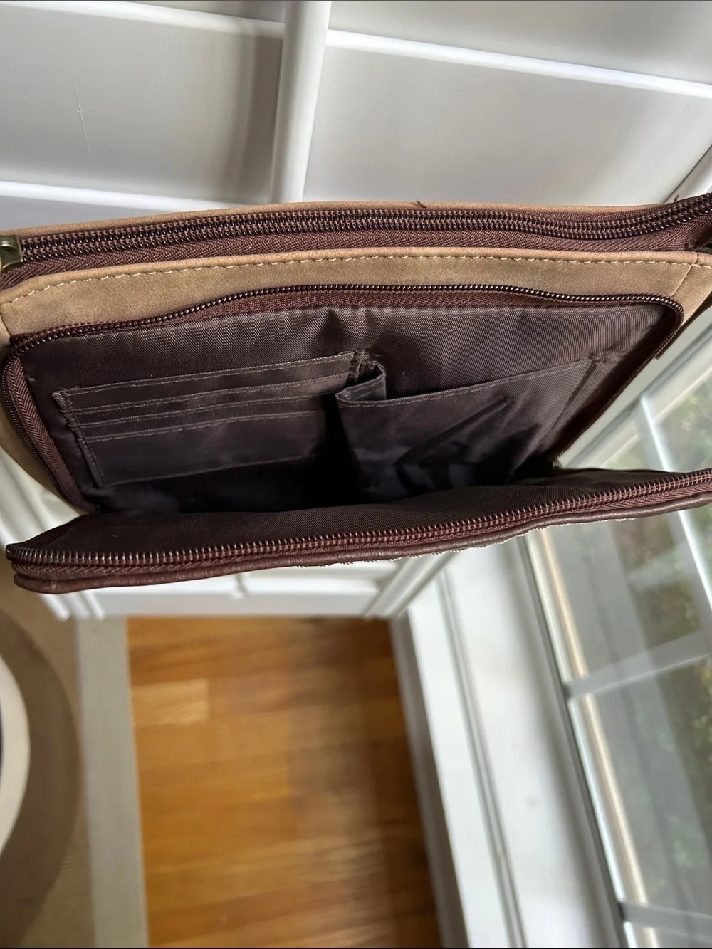 BOC Two-Tone Tan and Brown Whipstitch Crossbody Purse